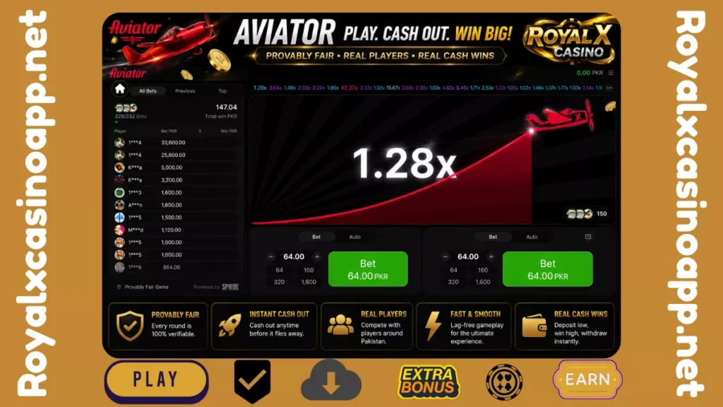 Royal X Casino Aviator game interface showing real-time multiplier gameplay, betting controls, and live crash game experience