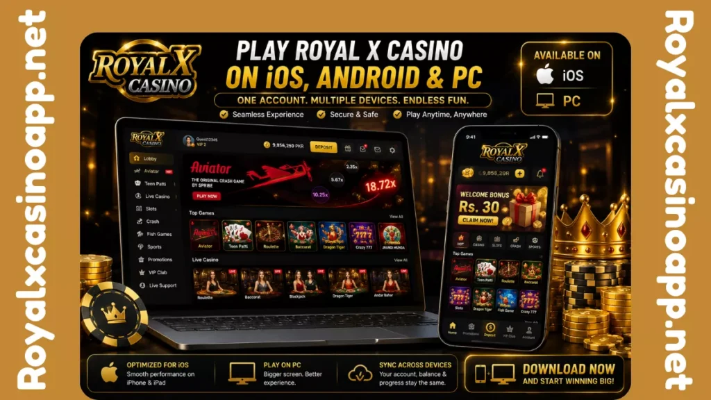 Royal X Casino available on iPhone, Android, and desktop PC with synchronized gaming experience across multiple devices