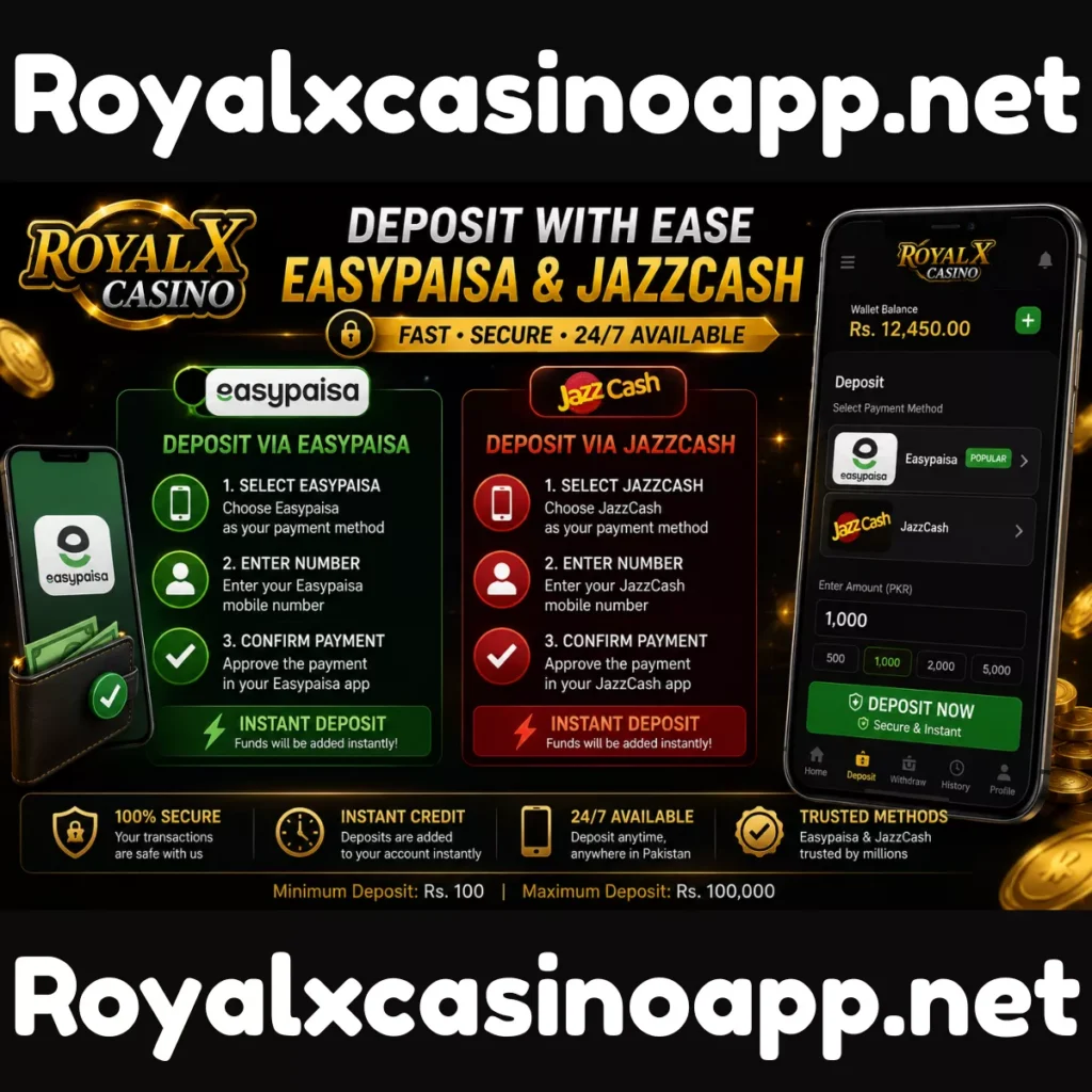 Royal X Casino deposit methods supporting Easypaisa, JazzCash, and secure instant payments for players in Pakistan