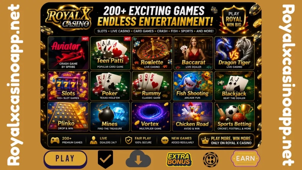 Royal X Casino games library featuring Aviator, Teen Patti, Roulette, Baccarat, Dragon Tiger, Poker, Slots, Fish Games, Blackjack, and more