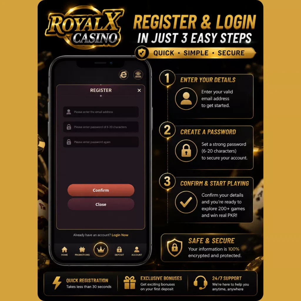 Royal X Casino registration and login tutorial explaining how to create an account securely in just a few simple steps