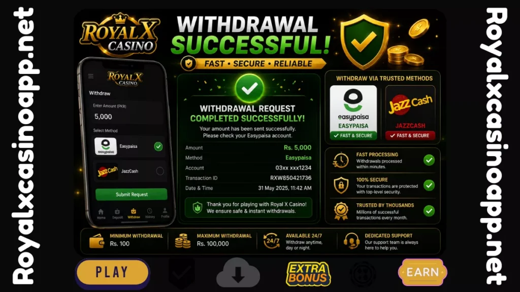 Royal X Casino successful withdrawal illustration showing fast Easypaisa and JazzCash payouts with secure transaction confirmation