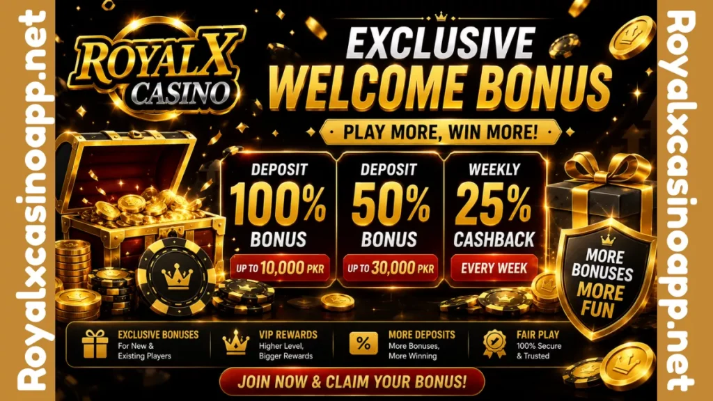 Royal X Casino welcome bonus banner featuring deposit rewards, cashback offers, VIP promotions, and exclusive player bonuses