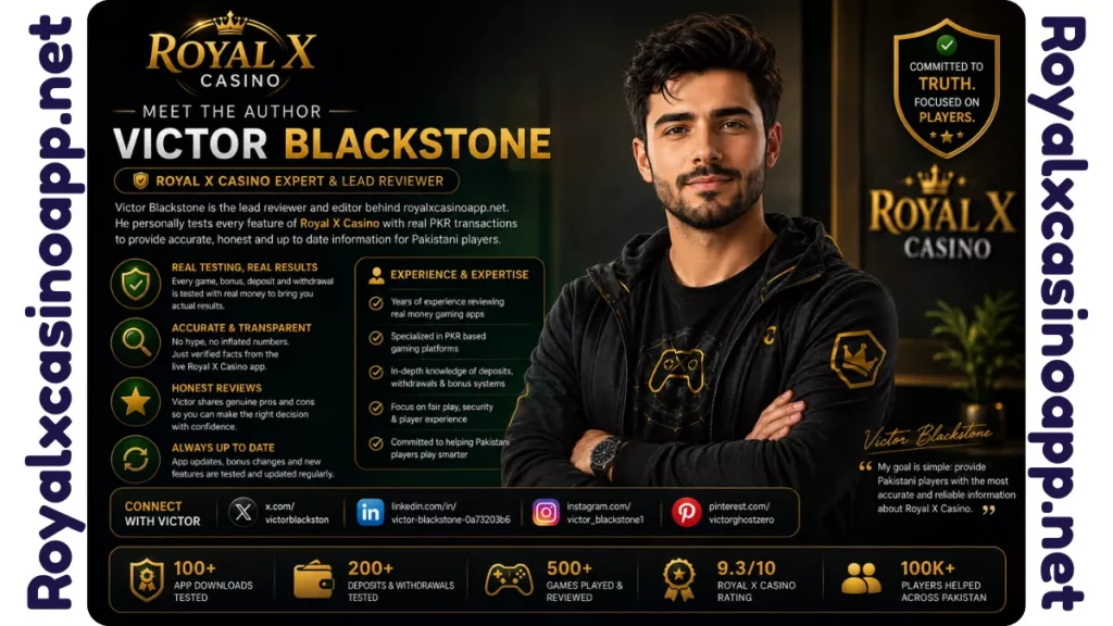 Victor Blackstone, lead reviewer and editor at RoyalXCasinoApp.net, testing Royal X Casino features, payments, bonuses, and withdrawals for Pakistani players